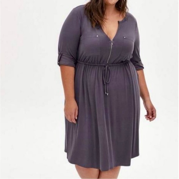 Torrid Dark Slate Grey Cupro Zip Front Drawstring Shirt Dress Size 1 - Picture 1 of 11